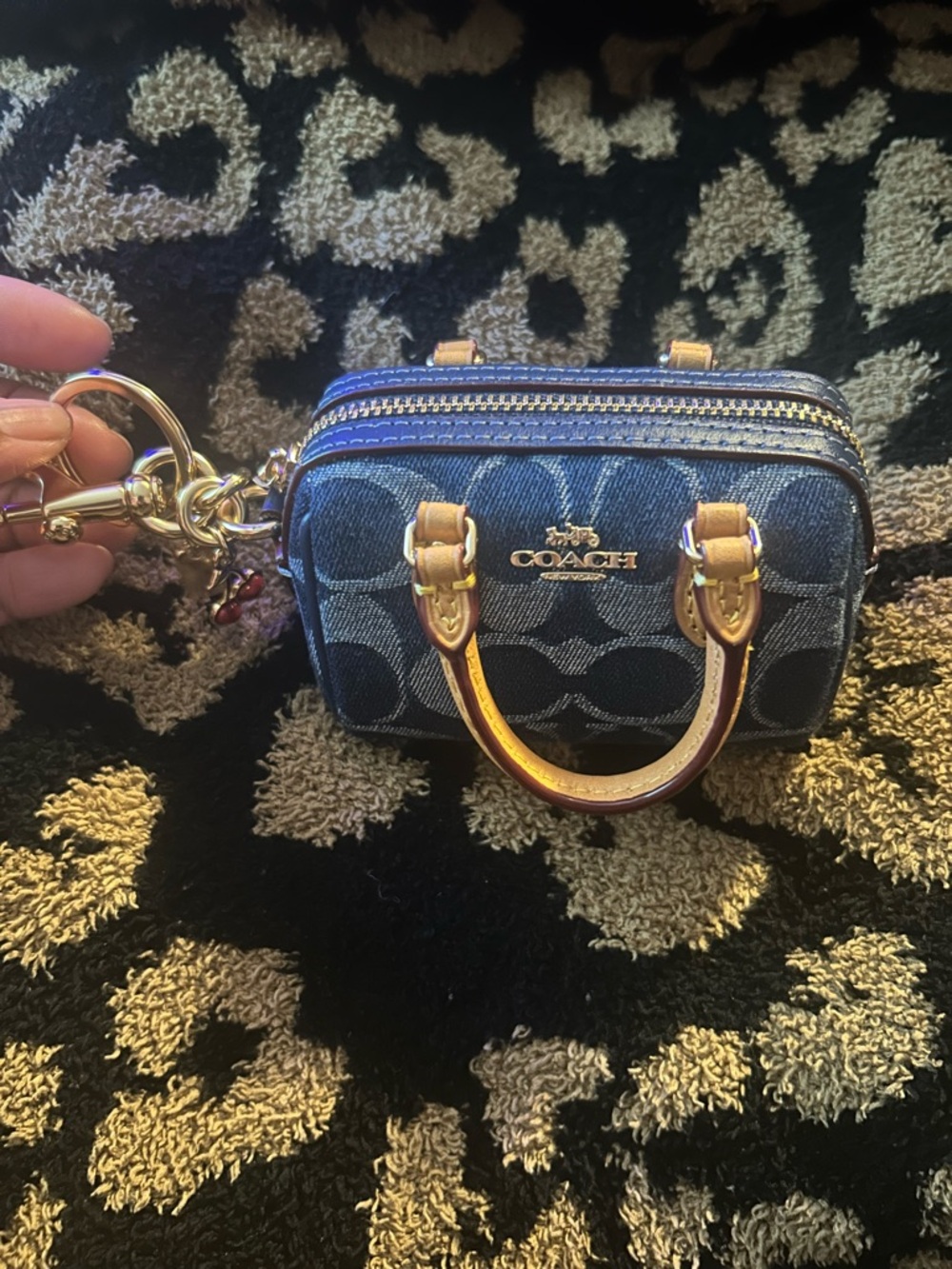 Coach Denim Signature Rowan Bag Charm with Cherry